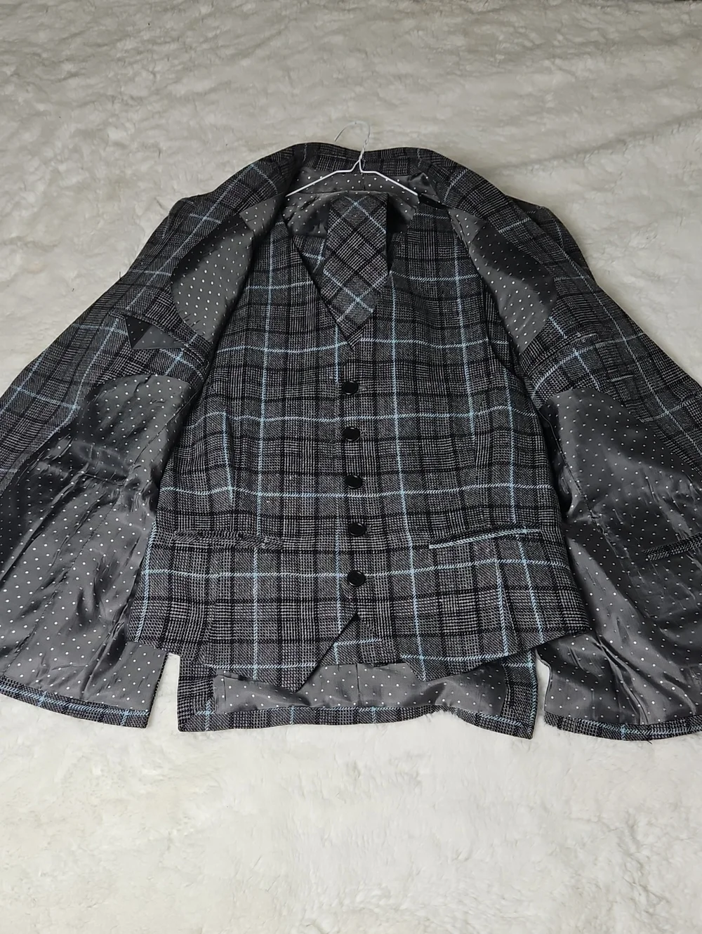 Men's Gray Plaid 3 Piece Suit with Light Blue Windowpane